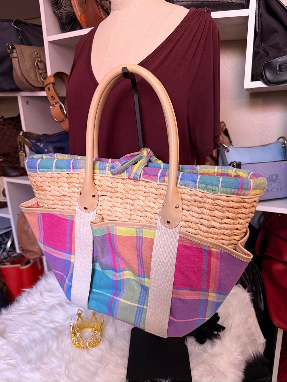 Ralph Lauren Pastel Plaid Woven Straw Tote with Leather Handles - Picture 2 of 5